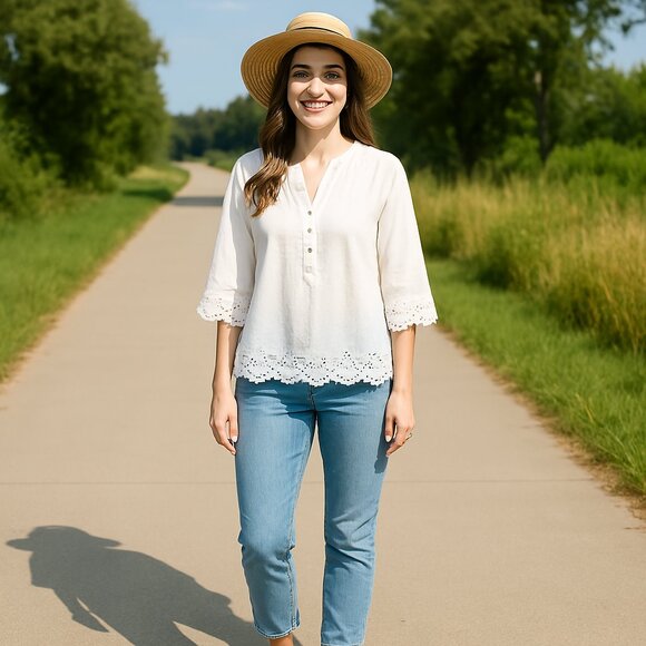 Chico’s white 100% cotton eyelet trim pleated bodice tunic Size Med - Picture 1 of 7